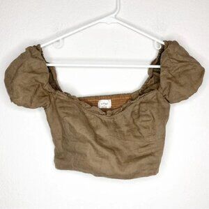 Wilfred Aritzia Wander Brown Beige Organic Linen Puff Sleeve Cropped Blouse